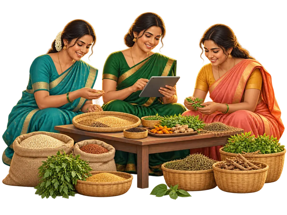 कच्चे माल के साथ मिलकर काम करती स्वयं सहायता समूह की महिलाएँ